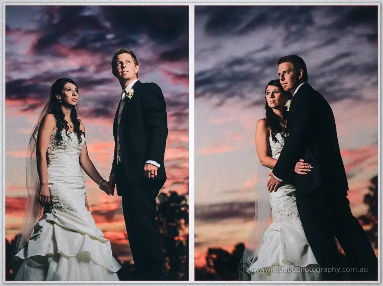 The couple gaze skyward holding hands beneath a pink and violet dusk at Brookleigh.