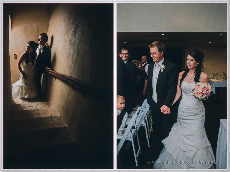 Sarah lifts her gown down a sunlit stairwell, then leads Daniel up the candlelit reception aisle.