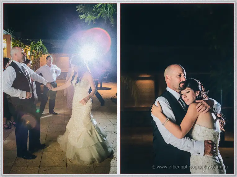 Sarah is twirled across the terrace, then shares a long hug with her father after dark.
