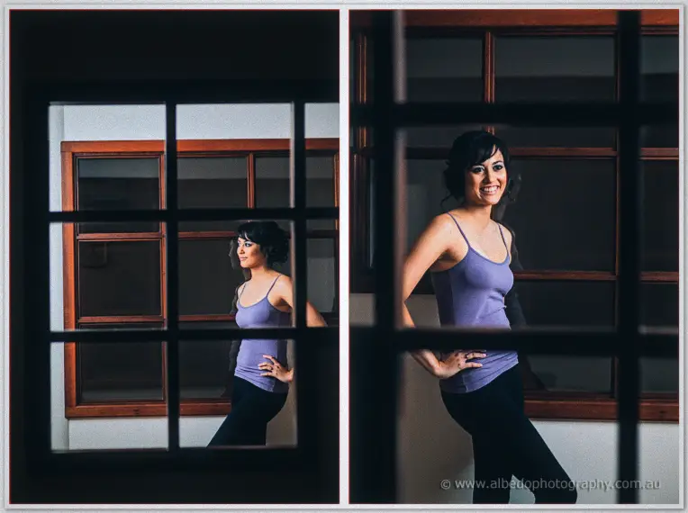 Diptych of bride Sarah smiling through timber-framed window panes in moody morning light