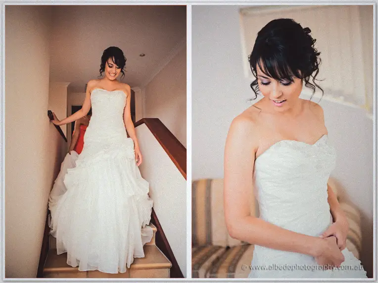 Bride Sarah descending the staircase in her flowing ruffled gown, with a close-up of her bodice