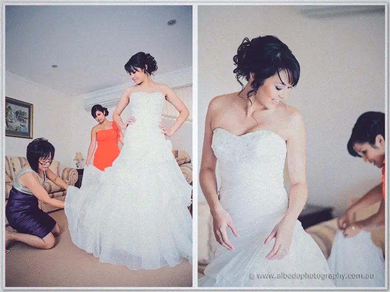 Bridesmaids kneeling to arrange Sarah's ruffled gown as she laughs, with a close-up of the bodice