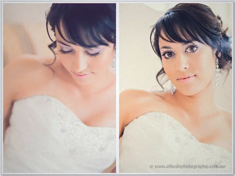 Two-frame portrait of bride Sarah, eyes lowered then gazing at the camera, earrings sparkling