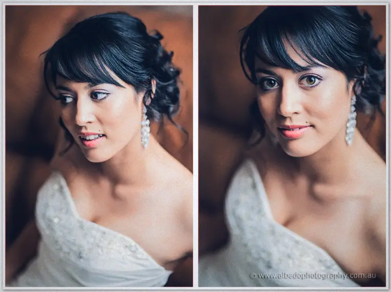 Close-up diptych of bride Sarah glancing aside then meeting the camera, earrings catching light