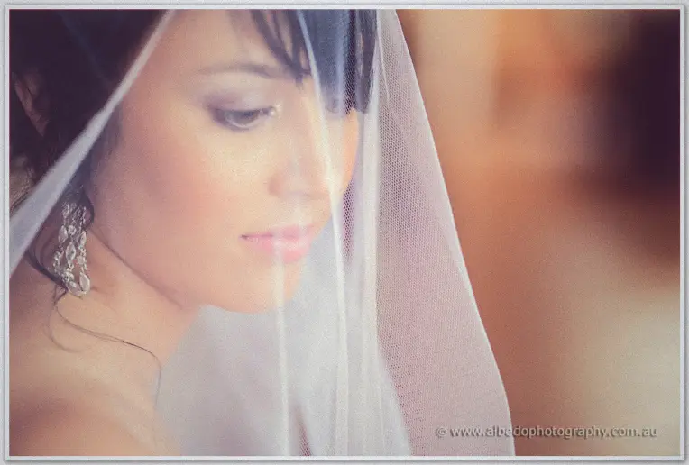 Close-up of bride Sarah gazing down beneath her sheer tulle veil, a crystal earring catching the light