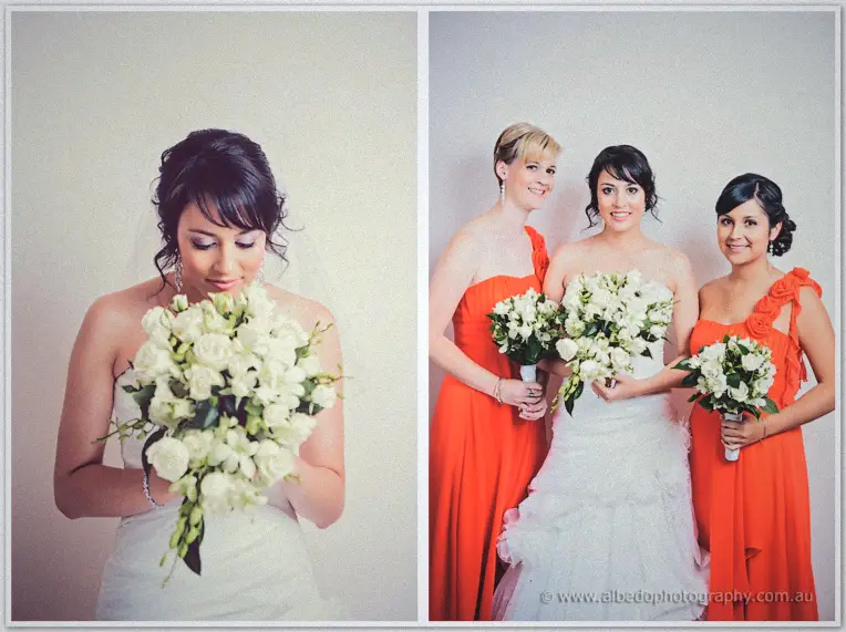 Sarah smelling her white rose bouquet beside a frame of the bride with her tangerine-gowned maids