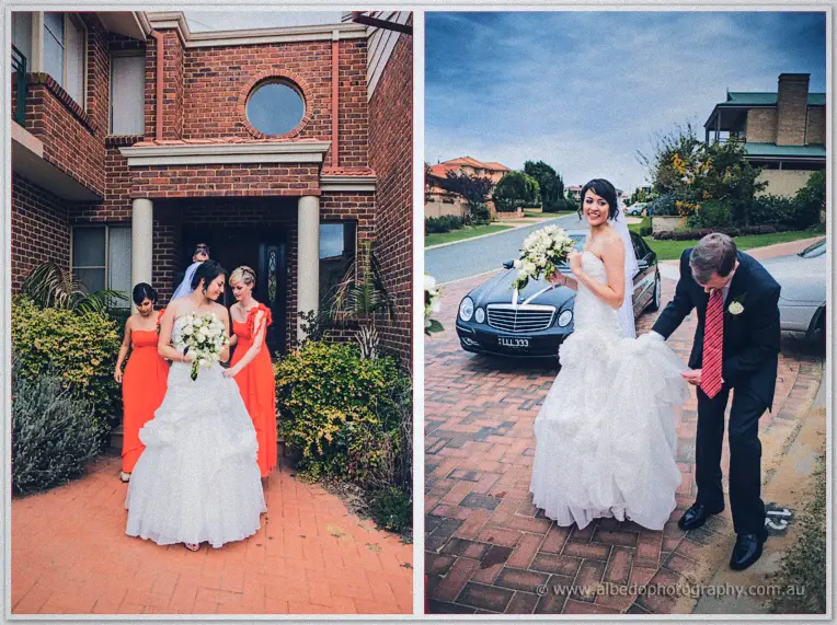 Bridesmaids fixing Sarah's ruffled gown by the red-brick house, her father waiting by the car