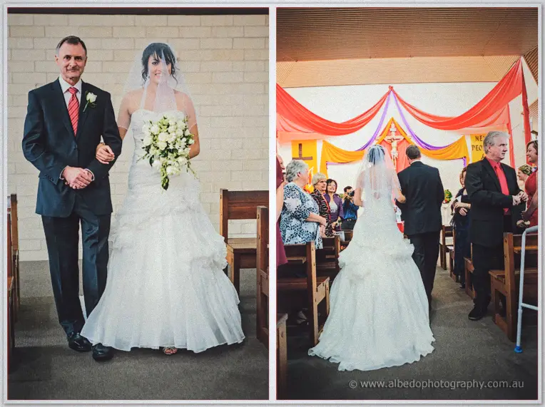Sarah walking down the aisle on her father's arm, framed before and behind beneath the red drapes