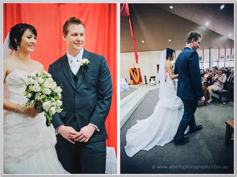 Side-by-side frames of Sarah and Shannon before red drapes and walking back down the aisle to applause