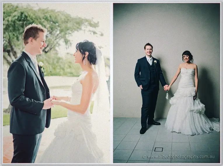 Sarah and Shannon hold hands under leafy trees, then pose full-length on a tiled terrace