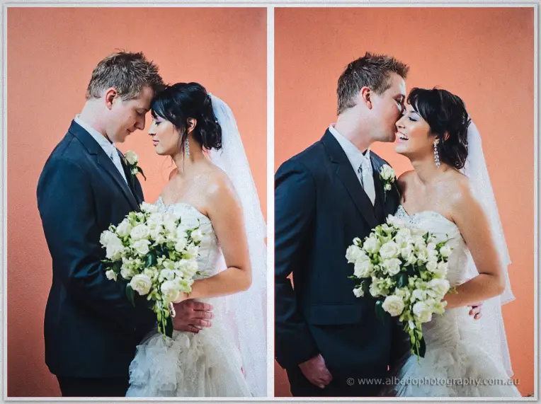 Diptych of Shannon and Sarah touching foreheads then cheek-to-cheek by a warm coral wall