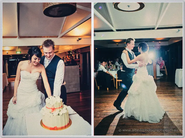 Split frames of the couple cutting their white cake and sharing their first dance at night