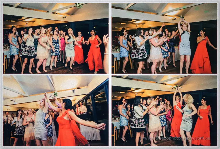 Four-frame strip of the bouquet toss as a blonde guest leaps to catch it