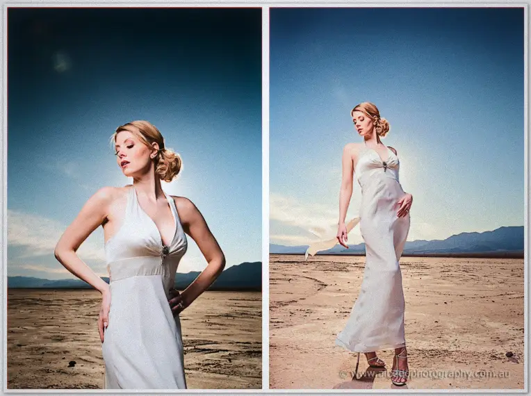Bride in halter gown poses on the desert playa, two frames against blue sky and mountains