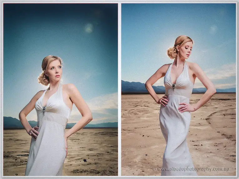 Bride rests hands on hips in halter gown across two desert frames, sunlight behind her