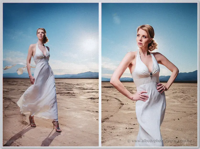 Bride's gown billows as she strides the playa, then she poses hands on hips at golden hour