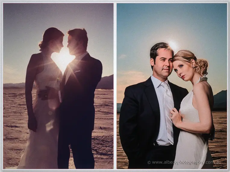 Silhouetted couple nearly kiss against the sun, then pose cheek to cheek in two frames