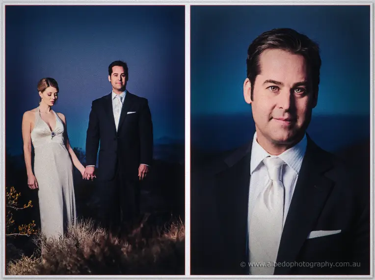 Jenn and Tim hold hands in blue dusk light beside a close portrait of Tim in white tie