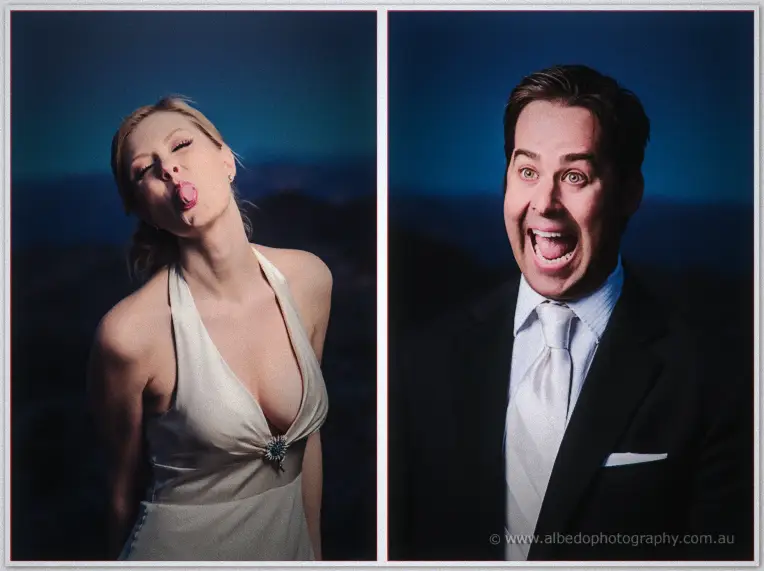 Jenn sticks her tongue out while Tim pulls an exaggerated grin in twilight two-frame portraits