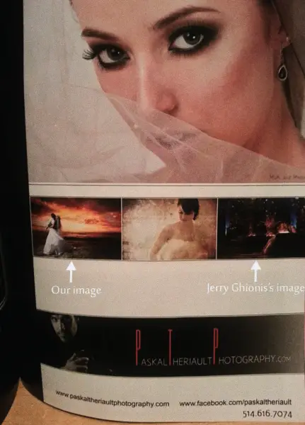 Magazine spread pairing a close-up bridal portrait in a veil with the photographer's advertisement