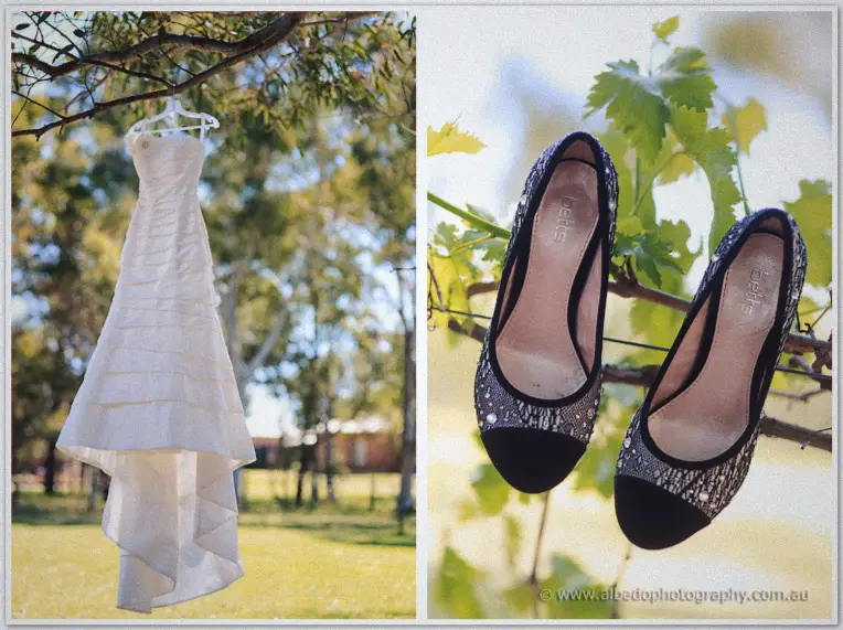 Diptych pairing the tiered wedding dress on its hanger with sparkled flats in a tree