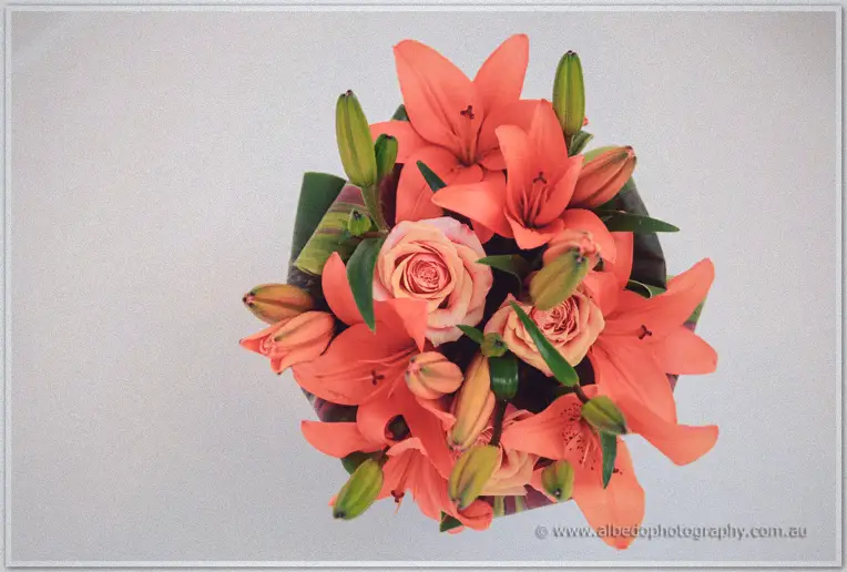 Bridal bouquet of coral lilies and peach roses seen from above