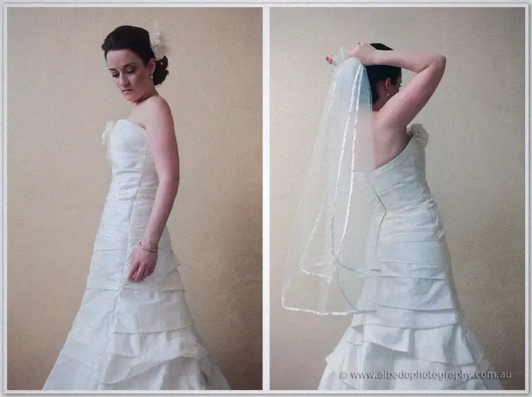 Two-frame portrait of Felicity in her ruffled gown lifting the veil into place