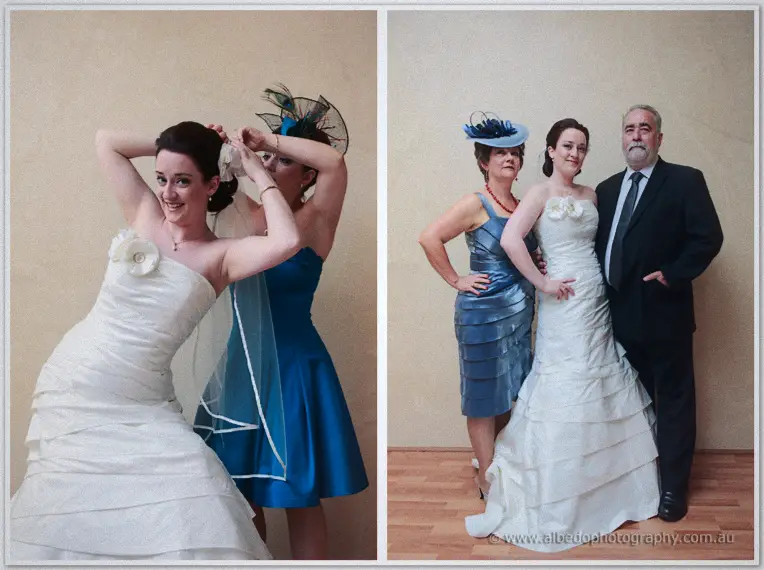 Diptych of veil pinning and Felicity posing formally beside her parents