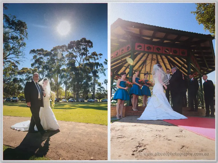 Diptych of Felicity on her father's arm and arriving before Phil at the rotunda