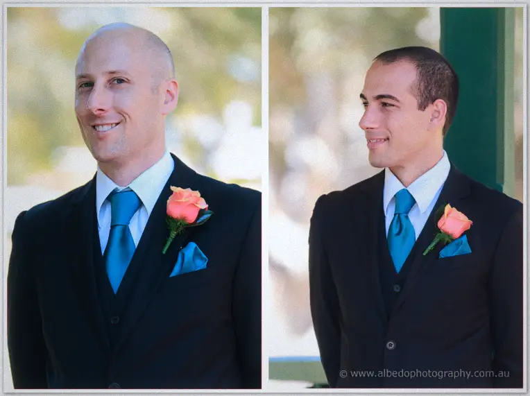 Twin portraits of the grinning groomsman in suit, teal tie and coral rose