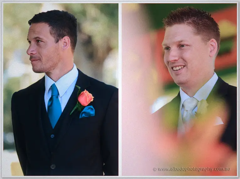 Split portrait of a groomsmen duo, one in teal tie, one in cream, both smiling