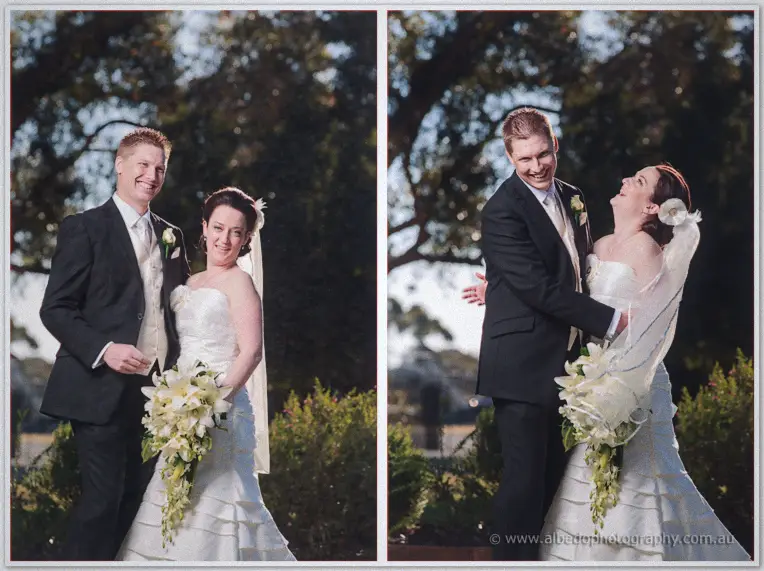 Twin garden portraits of Felicity and Phil laughing among the gum trees