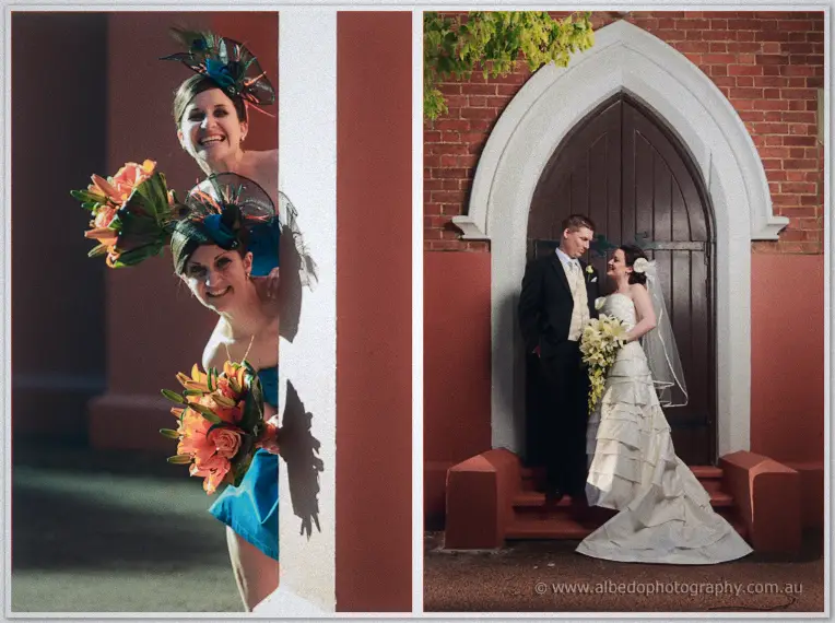 Split frame of peeking bridesmaids and the couple posed at a red-brick church door
