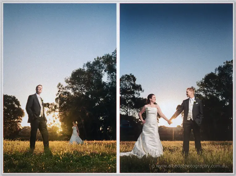 Two sunset frames of the couple in a golden paddock holding hands