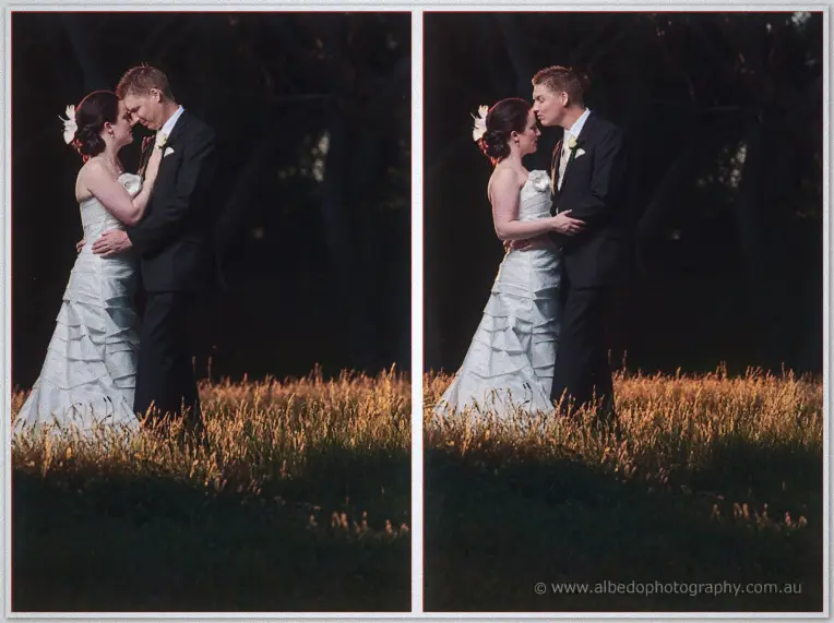 Two twilight frames of the couple embracing at the meadow's edge