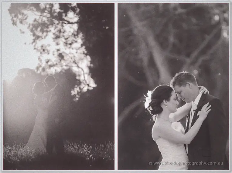 Felicity and Phil embrace in golden dusk light at Stirling Square in a soft two-frame portrait