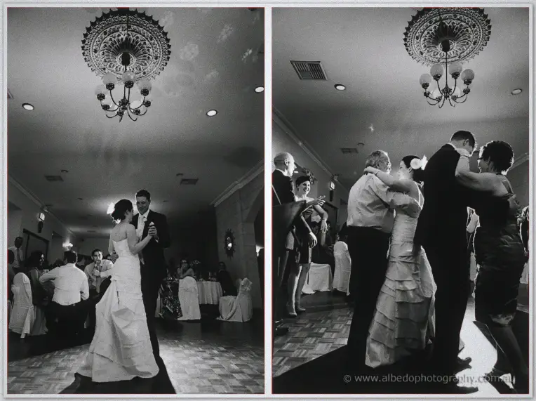 Black and white frames capture Felicity and Phil's first dance beneath an ornate ceiling medallion