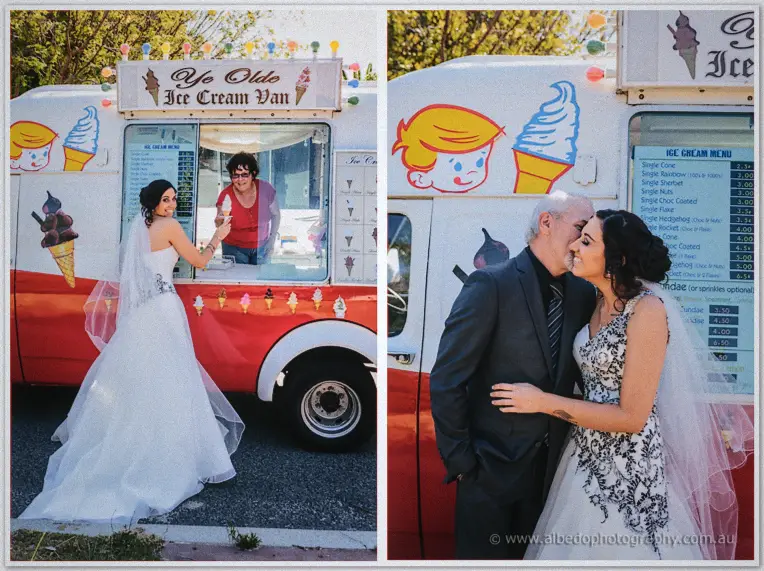 Jenna and Andrew share a moment beside a retro ice cream van as the vendor leans from its window