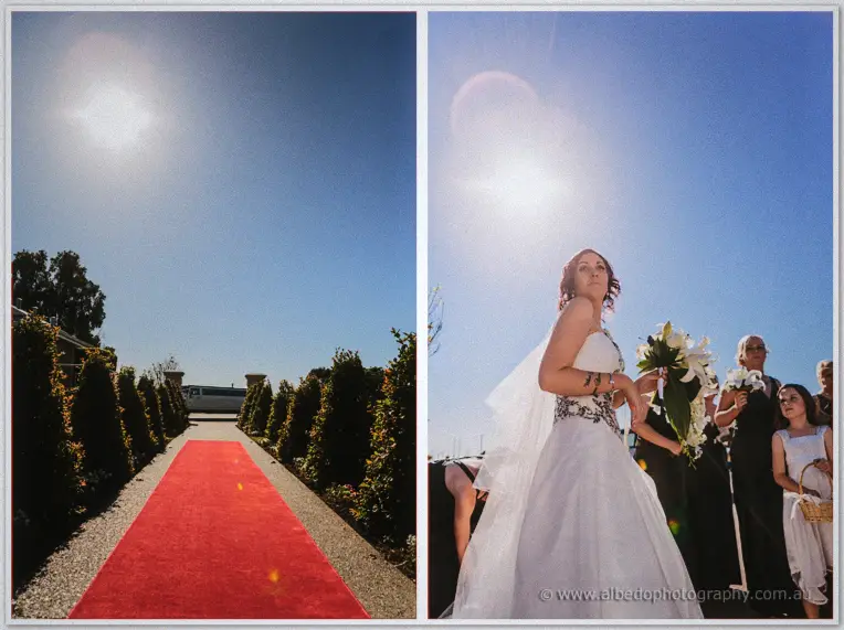 A red carpet runs between hedges toward the venue as Jenna and her bridal party arrive in sunlight