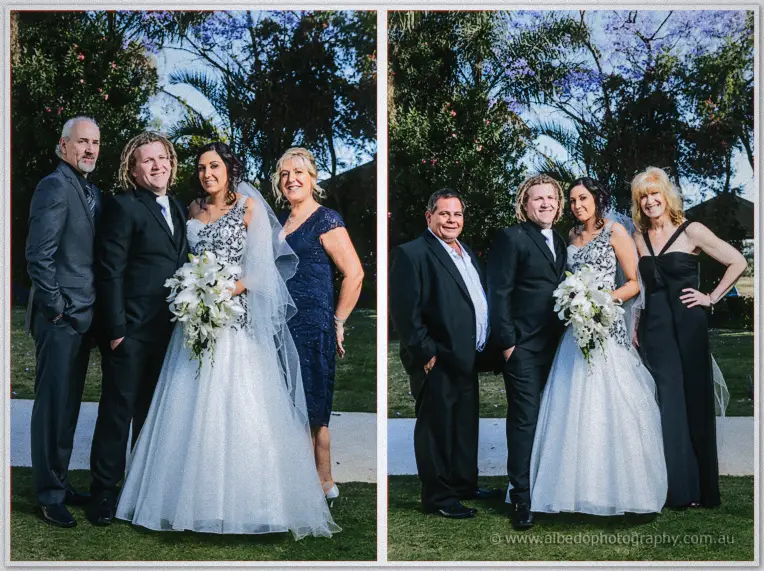 Jenna and Andrew pose with their parents in two family portraits on the lawn