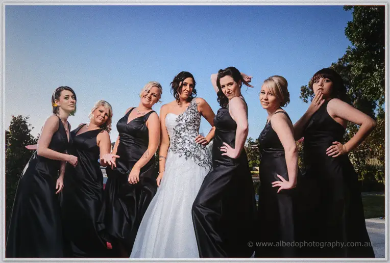 Six bridesmaids in black gowns strike confident poses around Jenna in her lace gown