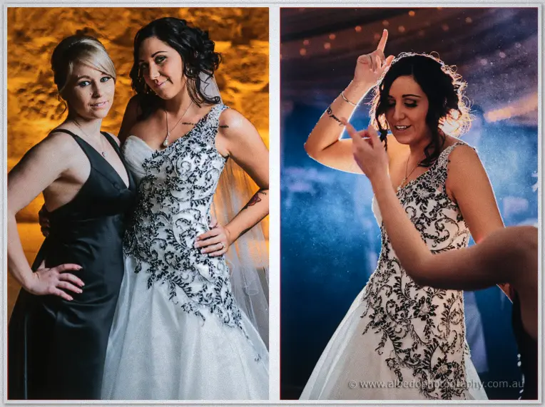 Two frames of Jenna with a bridesmaid in black, posing in lamplight then dancing on the smoky floor.