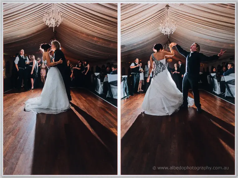 Two frames of the first dance, Jenna and Andrew embracing then striking a playful pose on the floor.