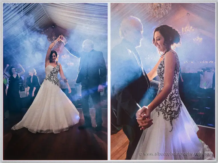 Jenna twirls with an older gentleman in black, second frame catching their clasped hands and smiles.