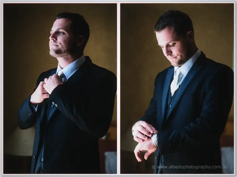 Nathan straightens his tie then checks his watch in warm window light before the ceremony