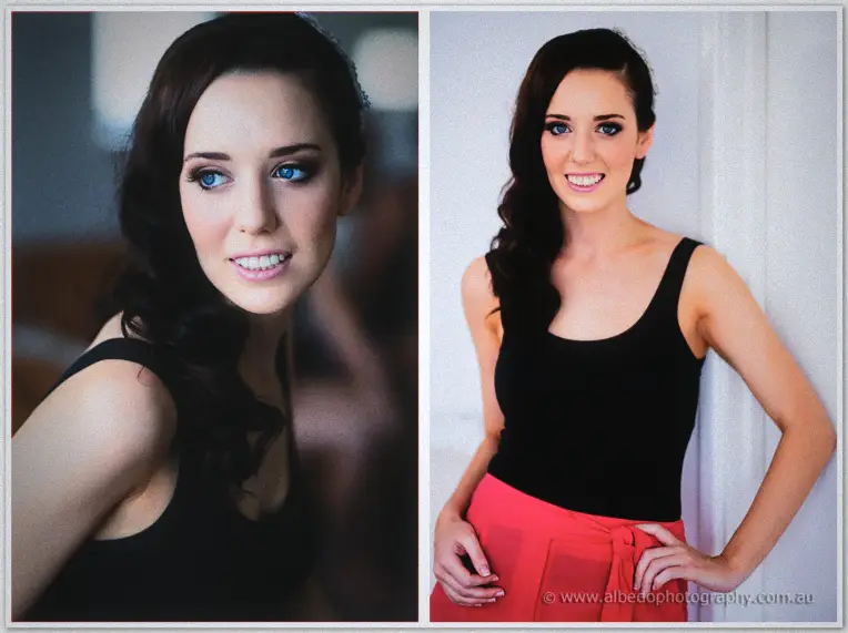 Brunette bride in a black top and coral skirt glances over her shoulder before dressing