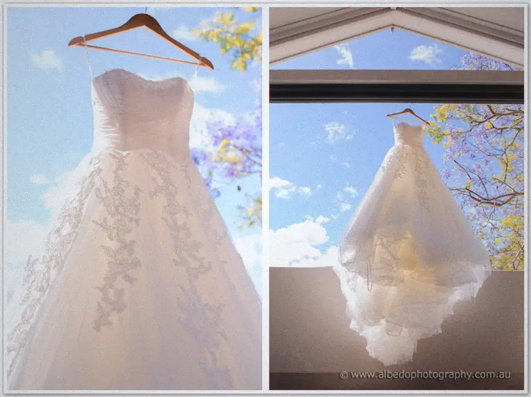 Collage of Karis's lace-appliqued gown hung against a bright blue sky