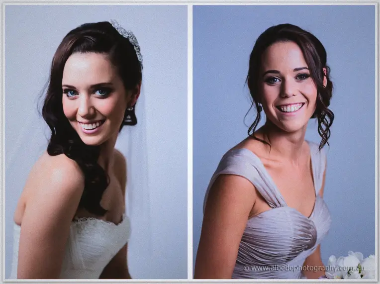 Paired portraits of the smiling bride in her veil and a bridesmaid in lilac