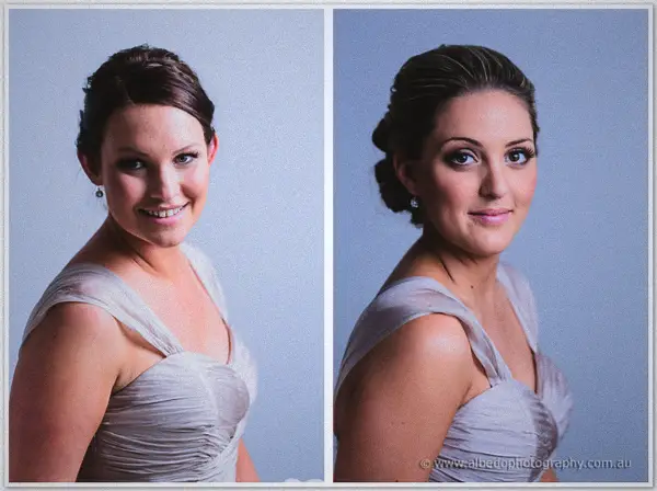 Paired portraits of two smiling bridesmaids with pinned curls in matching lilac gowns