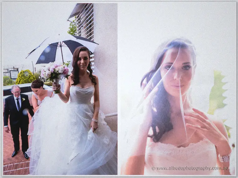 Karis lifts her bouquet beneath an umbrella beside a candid shot of her veil in sunlight